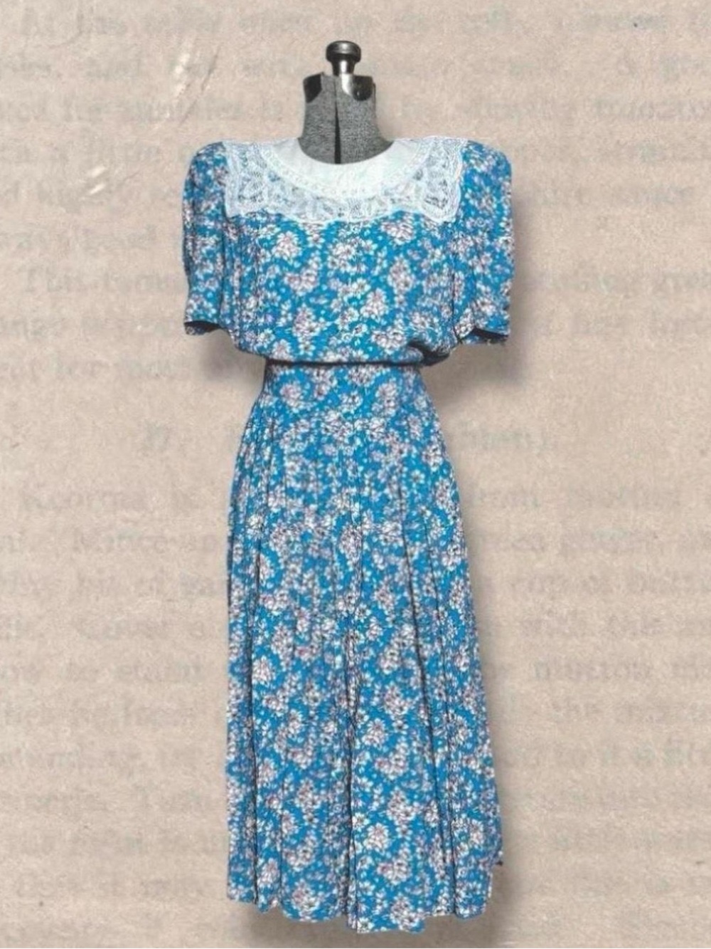 karin stevens Blue Floral Lace-Trim Collar Dress